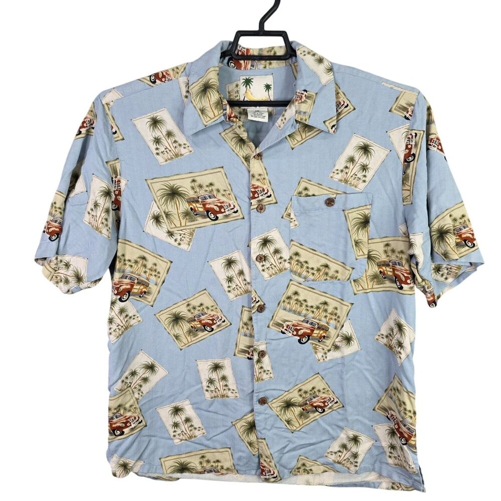 Mens Banana Cabana Blue Hawaiian 100% Silk Shirt Palm Tree Truck Button Up L